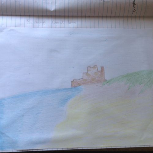 Drawing done by Ella of the Bambrugh coast line with the castle in the background